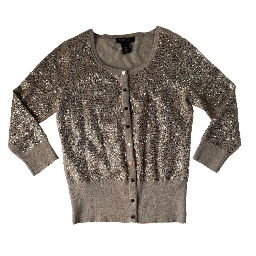 WHITE HOUSE BLACK MARKET WOMENS GOLD SEQUIN Snap Button Cardigan XS